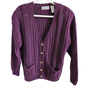 Vintage Cabin Creek Woman Size L Chunky Cable Knit Cardigan Purple Pockets 80's
